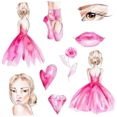 Pembe etekli büyük bir balerin seti, sivri uçlu ayakkabılar, kız yüzü, göz, dudaklar, pembe gül, kalp ve elmas; suluboya el çizimi; beyaz izole edilmiş arka plan