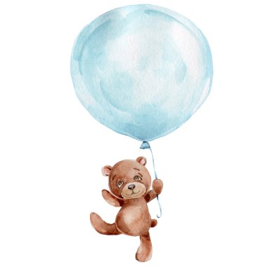 Mavi balonda uçan sevimli oyuncak ayı; suluboya el çizimi illüstrasyon; bebek partisi veya kart için kullanılabilir; beyaz izole edilmiş arka plan