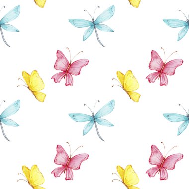 Kusursuz desenli sarı ve pembe kelebekler ve mavi yusufçuklar; suluboya el çizimi; beyaz yalıtılmış arka plan