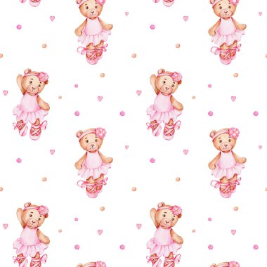 Oyuncak ayı balerinleriyle kusursuz desen; suluboya el çizimi resimleme; beyaz izole arka plan 