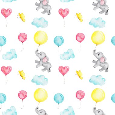 Çizgi film filleri ve renkli balonlarla kusursuz desen; suluboya el çizimi çizimi; beyaz izole arkaplan