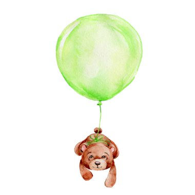 Yeşil balonda uçan sevimli oyuncak ayı; suluboya el çizimi illüstrasyon; bebek partisi veya kart için kullanılabilir; beyaz izole edilmiş arka plan