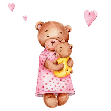 Anne ve bebek ayı; suluboya el çizimi illüstrasyon; anneler günü için kartlar veya posterler için kullanılabilir; beyaz izole edilmiş arka plan