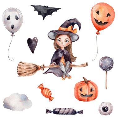 Küçük cadı, balonlar, balkabağı, şeker, siyah kalp, göz, yarasa ve bulut ile cadılar bayramı seti; suluboya el çizimi resim; parti veya posterler için kullanılabilir; beyaz izole edilmiş arka plan
