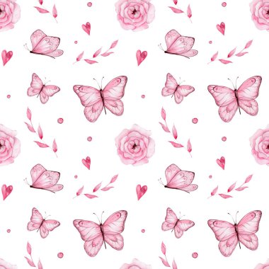 Pembe kelebekli ve pembe çiçekli kusursuz desen; suluboya el çizimi resimli; beyaz izole arkaplan