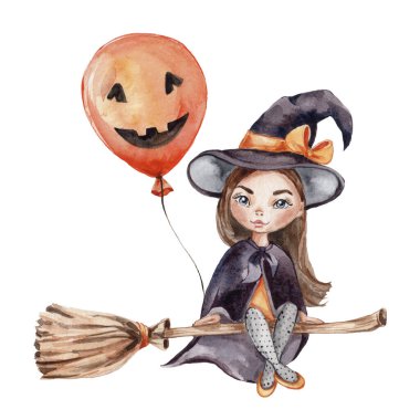 Süpürgede turuncu balonlu şirin küçük cadı; suluboya el çizimi illüstrasyon; cadılar bayramı partisi veya posterleri için kullanılabilir; beyaz izole edilmiş arka plan