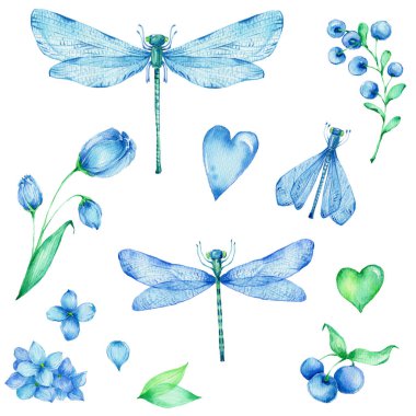 Büyük mavi ve yeşil çiçek, yusufçuklar, kalpler ve yapraklar; suluboya el çizimi resimleme; kart ve davetiyeler için kullanılabilir; beyaz izole edilmiş arka plan