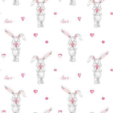 Pembe kalpli şirin tavşanların kusursuz deseni; suluboya el çizimi illüstrasyonu; sevgililer günü için kullanılabilir; beyaz izole edilmiş arka plan
