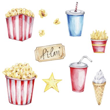 Sinema için fast food seti: patlamış mısır, soda, cips, dondurma ve sarı yıldız ve sinema bileti; suluboya el çizimi ilmesidir; beyaz izole edilmiş arka plan