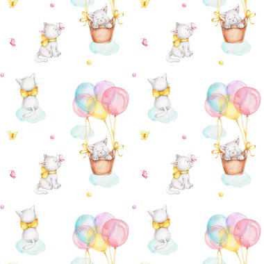 Şirin kediler, sepet, balonlar ve kelebekler ile kusursuz desen; suluboya el çizimi resim; beyaz izole arka plan