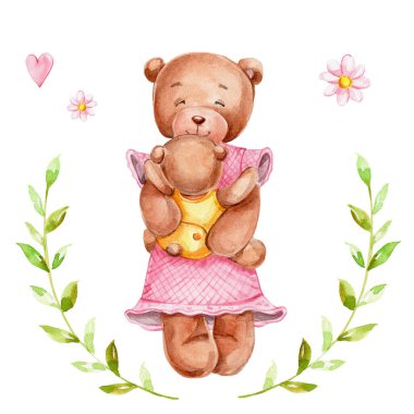 Anne ve bebek ayı ve yapraklar ve çiçekler; kartlar veya bebek partisi veya anneler günü posterleri için kullanılabilir; suluboya el çizimi örnekleri; beyaz izole edilmiş arka plan