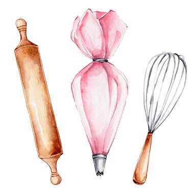 Pembe pasta poşeti, ahşap oklu iğne ve çırpı; suluboya el çizimi illüstrümanı; şekerci logosu veya mutfak posteri için kullanılabilir; beyaz izole edilmiş arka plan