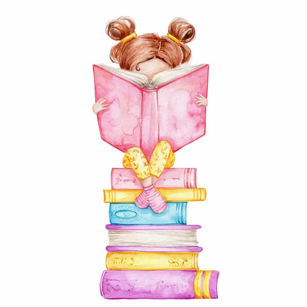 Schattig Meisje Leesboek Stapel Boeken Aquarel Hand Tekenen Illustratie Kan — Stockfoto