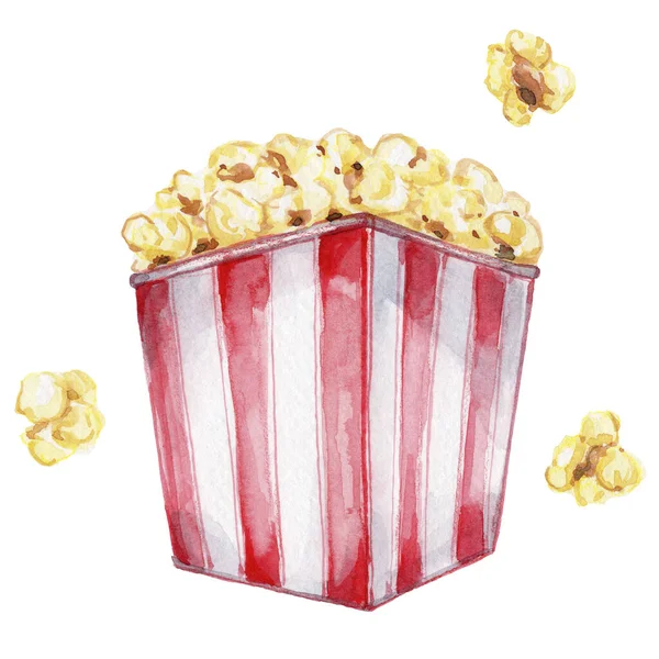 Popcorn Czerwonym Polu Paski Ilustracja Rysunku Ręka Akwarela Białym Odosobnionym — Zdjęcie stockowe