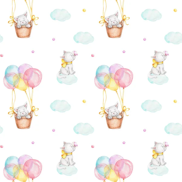 Patrón Sin Costuras Con Lindos Gatos Globos Nubes Acuarela Mano —  Fotos de Stock