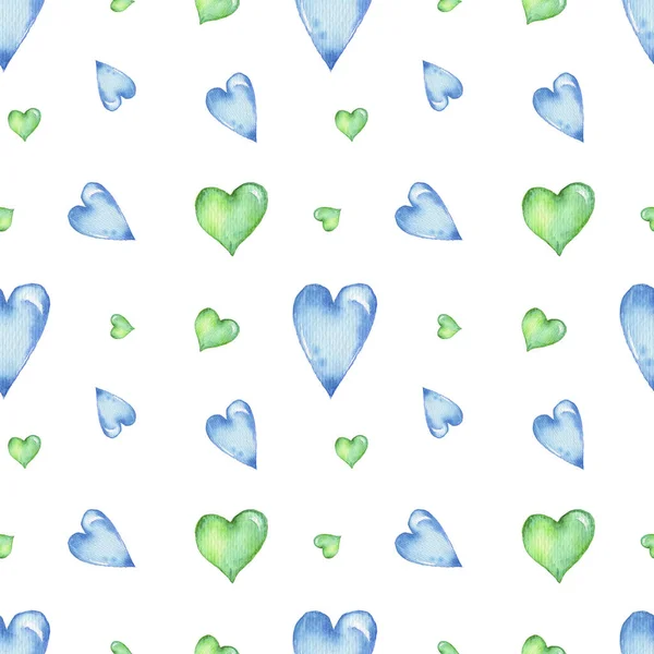 Безшовний Візерунок Зеленими Синіми Сердечками Акварельна Ілюстрація Рук Білим Ізольованим — стокове фото