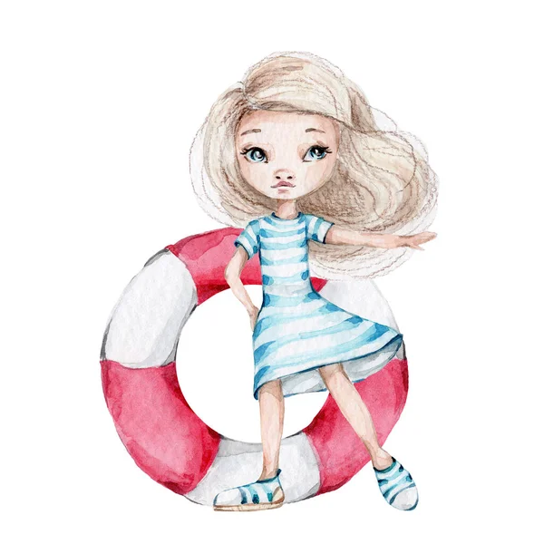 Menina Bonito Vestido Azul Branco Bóia Salvação Aquarela Mão Desenhar — Fotografia de Stock