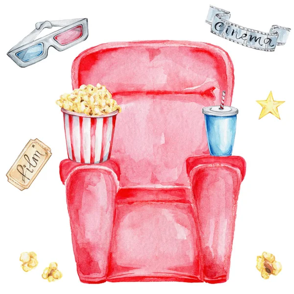 Red seat in the cinema with popcorn, soda, 3d glasses, ticket; watercolor hand draw illustration; with white isolated background