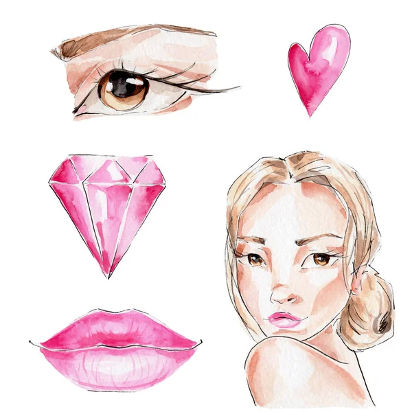 以女孩的脸和眼睛 粉红的心 嘴唇和钻石为背景的漂亮套装 水彩画手绘插图 白色孤立的背景 — 图库照片