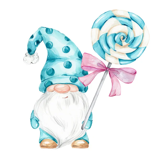 Mignon Gnome Bleu Bonbons Noël Arc Rose Aquarelle Dessin Main — Photo