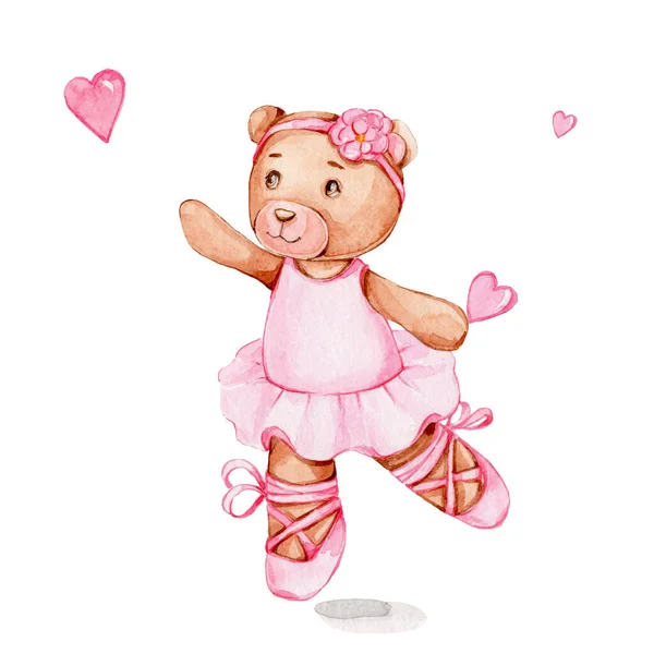 かわいい漫画クマバレリーナピンクのドレスで 水彩手描きイラスト 赤ちゃんのシャワーやカードのために使用することができます — ストック写真
