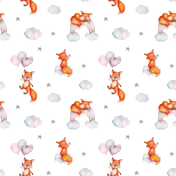 Seamless Pattern Cute Cartoon Foxes Clouds Stars Rainbows Balloons Watercolor — Stock Photo, Image