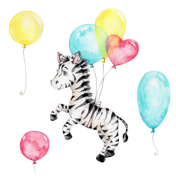 Niedliches Kleines Zebra Das Mit Bunten Luftballons Fliegt Aquarell Zeichnung — Stockfoto
