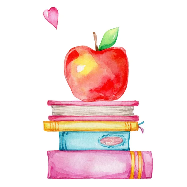 Pile Livres Colorés Pomme Rouge Coeur Rose Aquarelle Dessin Main — Photo