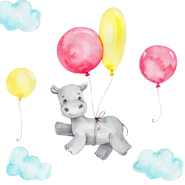 Hipopótamo Balões Coloridos Ilustração Desenho Mão Aquarela Pode Ser Usado — Fotografia de Stock