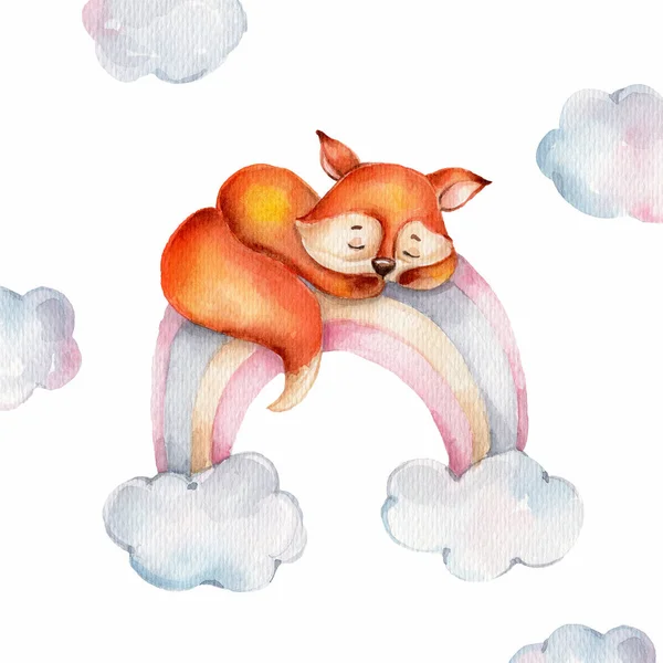 Cute cartoon little fox on the rainbow and clouds; watercolor hand draw illustration; can be used for baby shower or kid poster; with white isolated background