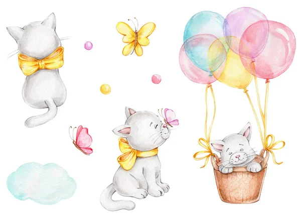 Σετ Χαριτωμένες Γάτες Πεταλούδα Μπαλόνια Και Σύννεφα Ακουαρέλα Χέρι Κλήρωση — Φωτογραφία Αρχείου