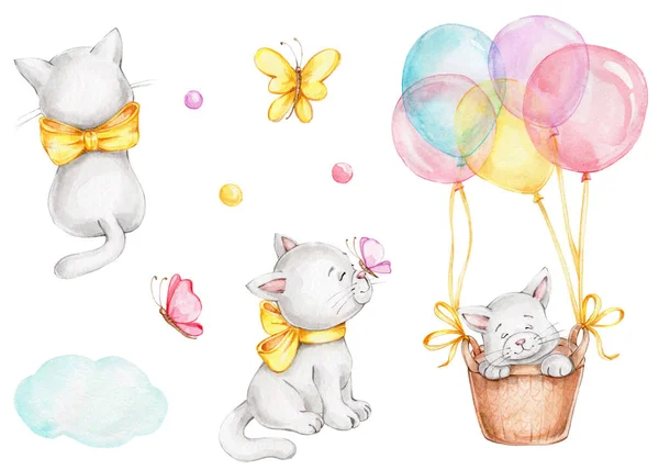 Set Con Lindos Gatos Mariposas Globos Nubes Acuarela Mano Dibujar —  Fotos de Stock