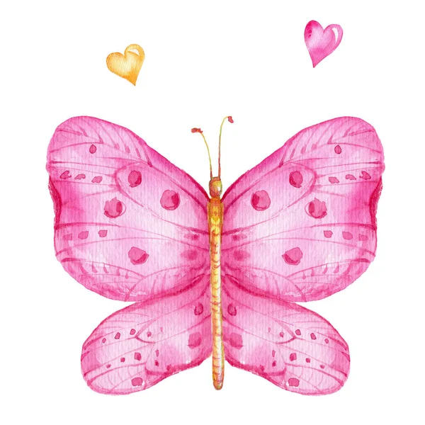 Růžový Motýl Růžové Žluté Srdce Akvarel Ruční Kreslení Ilustrace Bílým — Stock fotografie