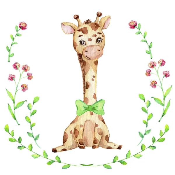 可爱的小长颈鹿和绿色的领结和花环 水彩画手绘插图 可用于婴儿淋浴或儿童海报 具有白色孤立背景 — 图库照片