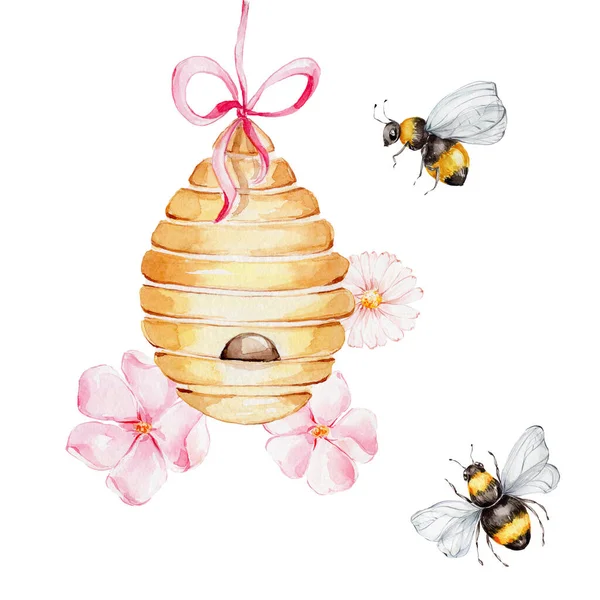 Bienenkorb Rosa Blüten Und Bienen Aquarell Handzeichnung Illustration Mit Weißem — Stockfoto