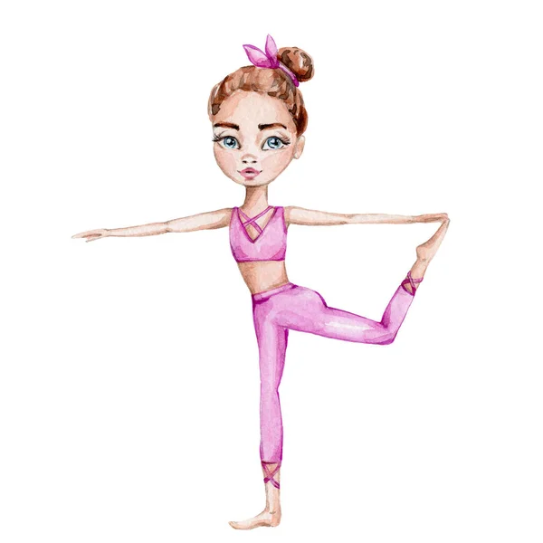 Linda Joven Pie Pose Yoga Ropa Púrpura Acuarela Mano Dibujar —  Fotos de Stock