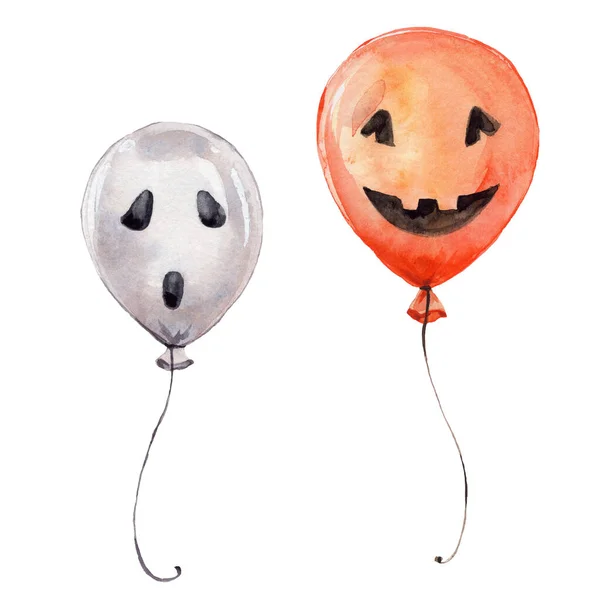 Två Halloween Ballonger Akvarell Hand Rita Illustration Med Vit Isolerad — Stockfoto