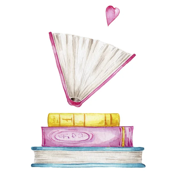 カラフルな本やピンクのハートのスタック 水彩手のイラストを描く 白の隔離された背景と — ストック写真