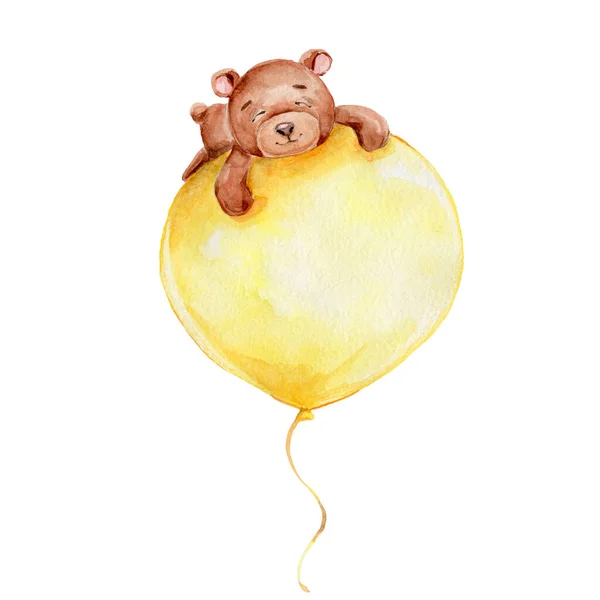 Urso Pelúcia Bonito Voando Balão Amarelo Ilustração Desenho Mão Aquarela — Fotografia de Stock