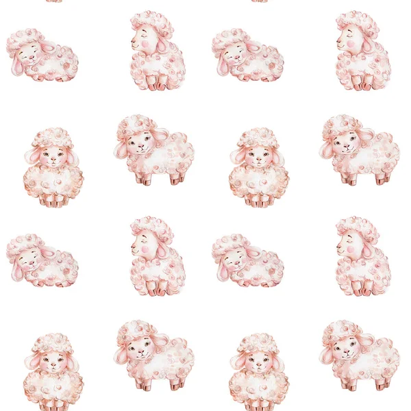 Бесшовный Узор Милыми Мультяшными Овцами Акварель Ручной Рисунок Иллюстрации Белым — стоковое фото