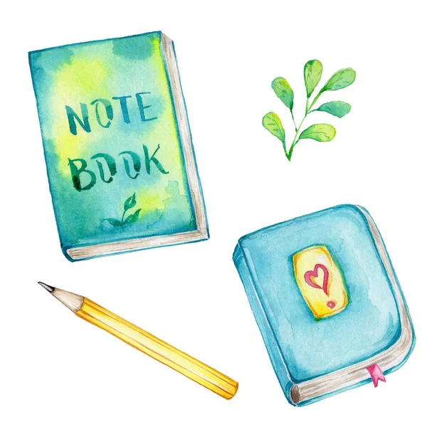 Blue book and green notebook and yellow pencil and leaves; watercolor hand draw illustration; with white isolated background