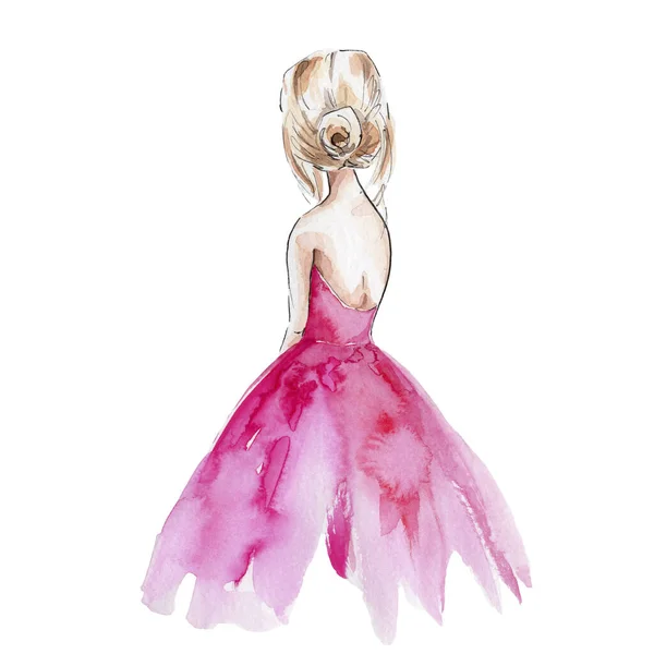 Ballerina in pink tutu-skirt; watercolor hand draw illustration; with white isolated background