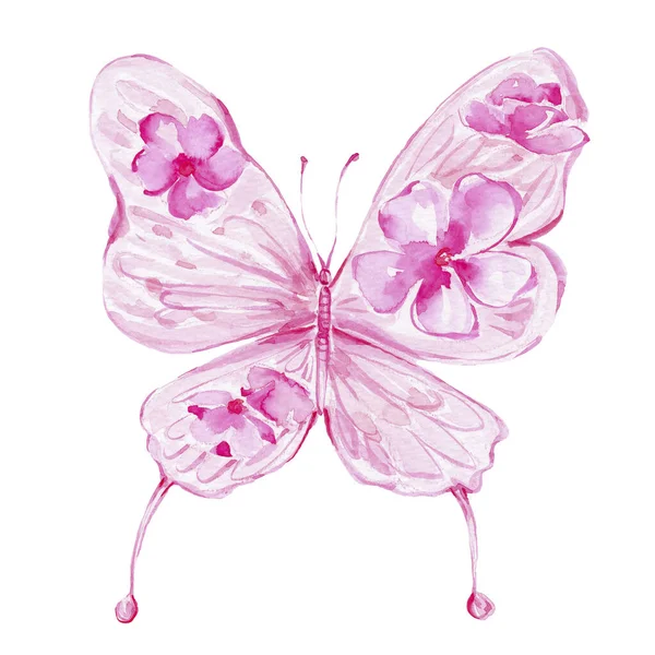 Akvarel Růžový Motýl Ruční Kreslení Ilustrace Bílým Izolovaným Pozadím — Stock fotografie