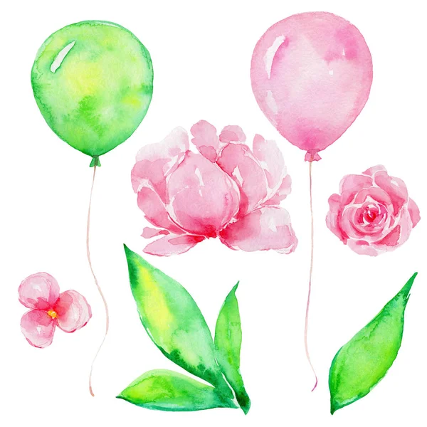 Set Pink Flowers Green Leaves Two Balloons Watercolor Hand Draw — Stock Photo, Image