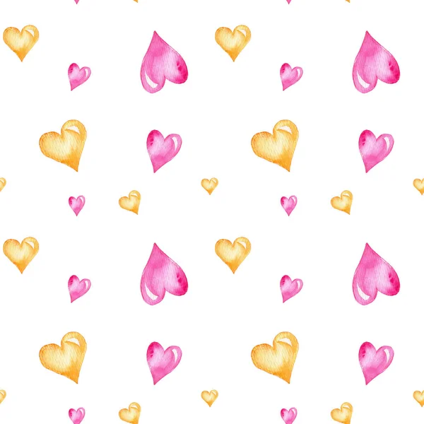 Безшовний Візерунок Рожевих Жовтих Сердець Акварельна Ілюстрація Рук Може Бути — стокове фото