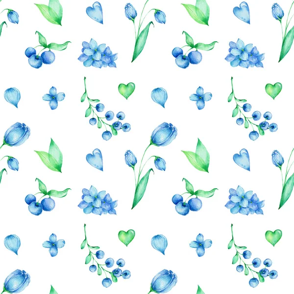 Bezešvé Vzor Květinami Listy Bobule Zelené Modré Srdce Akvarel Ruční — Stock fotografie