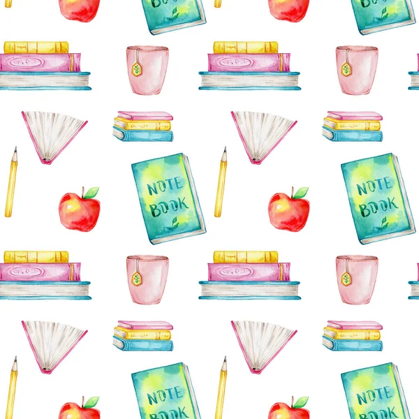 Seamless pattern with books and yellow pencils and red apples; watercolor hand draw illustration; with white isolated background
