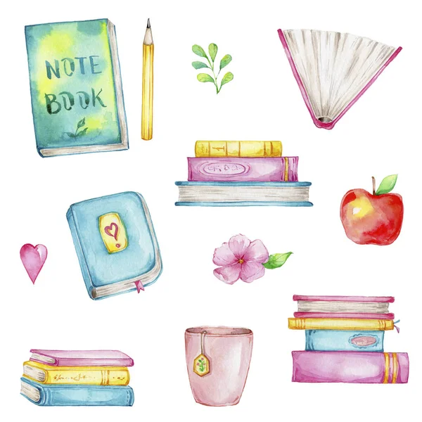 Set Books Yellow Pencil Red Apple Green Notebook Pink Heart — Stock Photo, Image