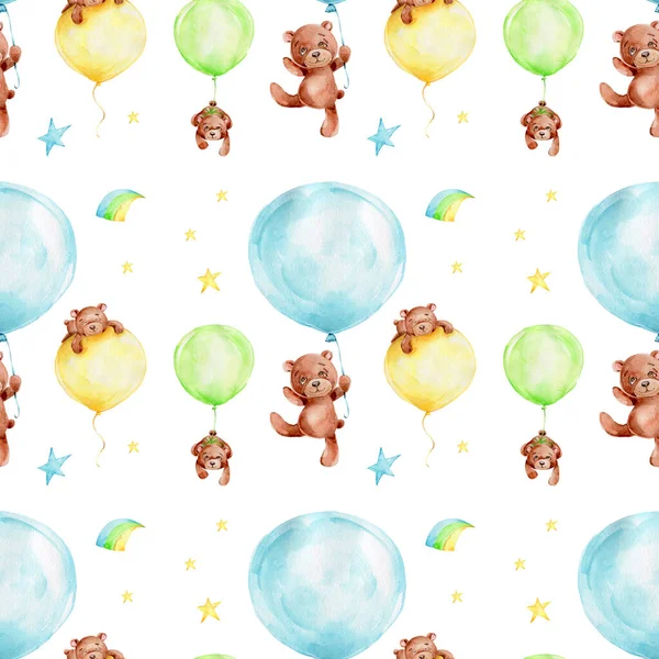 Bezproblémový Vzor Kresleným Medvídkem Modrými Zelenými Žlutými Balónky Mraky Hvězdami — Stock fotografie