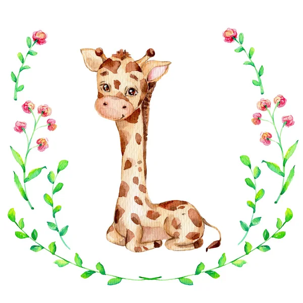 Cute giraffe and green wreath; watercolor hand draw illustration; can be used for cards or baby shower; with white isolated background